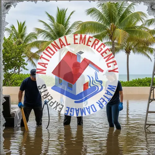 Two technicians from National Emergency Water Damage Experts removing water from a flooded area in Palm Beach, surrounded by palm trees and a coastline, emphasizing emergency water damage restoration services.