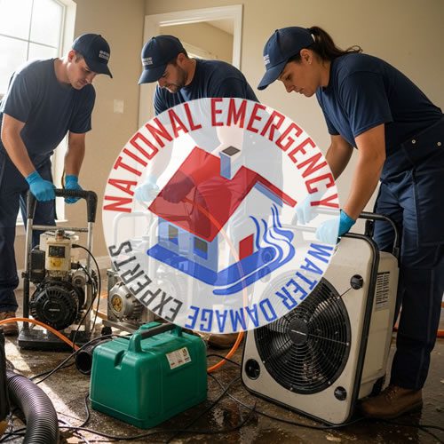 Water damage restoration team from National Emergency Water Damage Experts using equipment in a flooded room, emphasizing their emergency response services in Pembroke Pines.