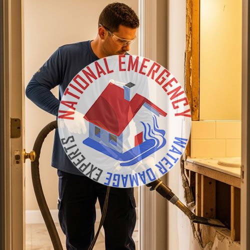 Water damage restoration expert using a vacuum in a Pinecrest home, featuring the National Emergency Water Damage Experts logo.