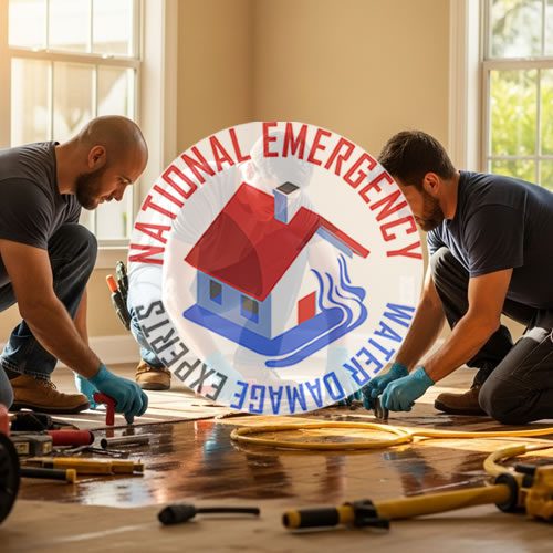 Two technicians performing water damage restoration in a home, featuring the National Emergency Water Damage Experts logo, with tools and equipment visible on the floor, emphasizing emergency water removal services in Plantation, FL.