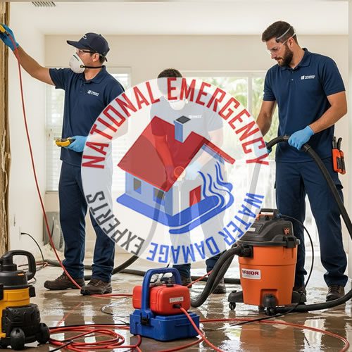 Two technicians from National Emergency Water Damage Experts performing water removal and cleanup in a flooded room, featuring water extraction equipment and tools, with the company logo prominently displayed.