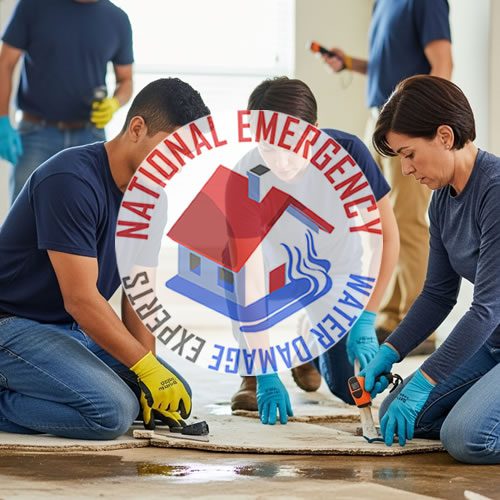 Team of emergency water damage restoration professionals working on water-damaged flooring in a residential setting, featuring the National Emergency Water Damage Experts logo prominently in the center.