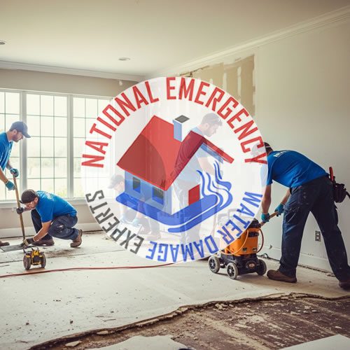 Workers performing water damage restoration in a Redland home, featuring the National Emergency Water Damage Experts logo, with tools and equipment for cleanup and repair.