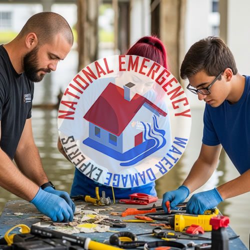 Water damage restoration team working in Riverwalk Fort Lauderdale, featuring tools and equipment, with the National Emergency Water Damage Experts logo prominently displayed.