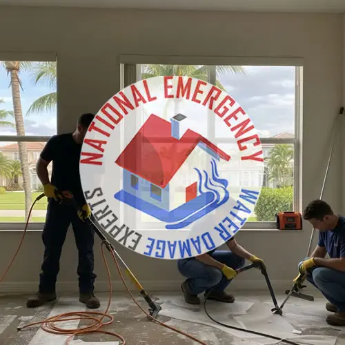 National Emergency Water Damage Experts team performing water removal services in a Royal Palm Beach home, featuring equipment for restoration and the company logo prominently displayed.