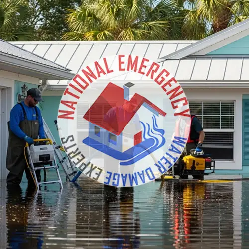 Workers from National Emergency Water Damage Experts performing water removal services in flooded residential area of Sandalfoot Cove, FL.