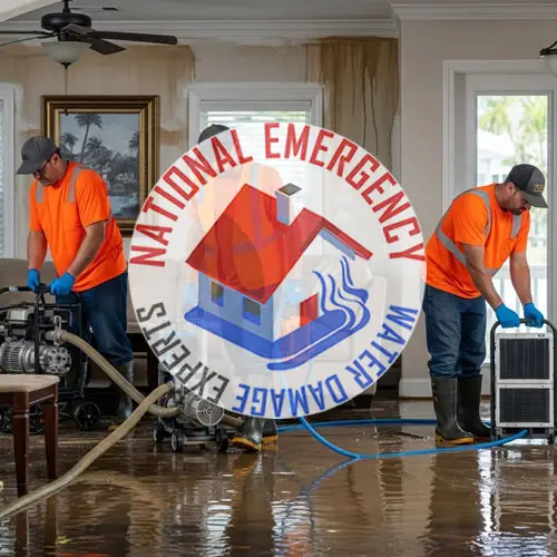 Two technicians in orange shirts performing water removal in a flooded room, featuring the National Emergency Water Damage Experts logo prominently, highlighting emergency water damage restoration services in South Bay, Florida.