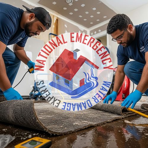Technicians from National Emergency Water Damage Experts removing water-damaged carpet in South Miami Heights, FL, showcasing professional water removal services.