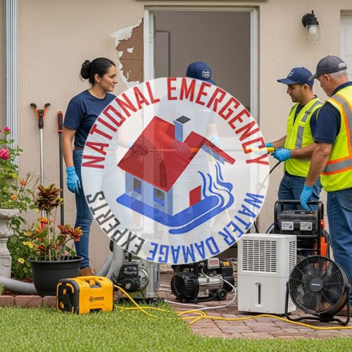 National Emergency Water Damage Experts team providing water removal services in South Miami, featuring equipment and professionals in action.