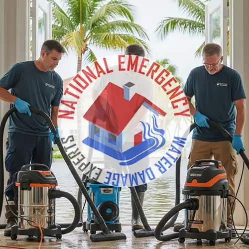 Technicians from National Emergency Water Damage Experts using industrial vacuums for water removal in a flooded South Palm Beach home, with palm trees visible outside.