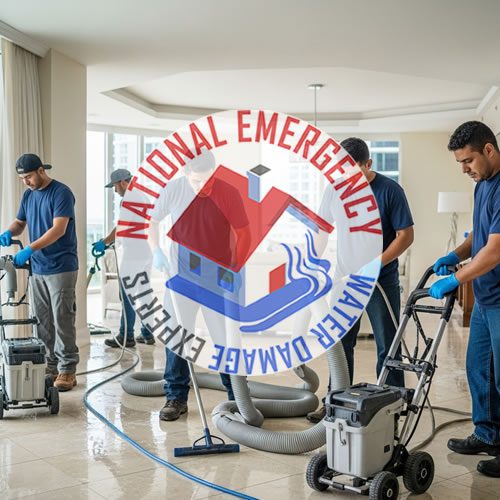 National Emergency Water Damage Experts team performing water removal and cleanup in Sunny Isles Beach, FL, showcasing professional equipment and commitment to rapid response.
