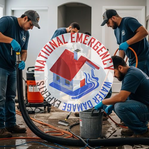 Water damage restoration professionals from National Emergency Water Damage Experts working on water removal in a flooded interior, featuring tools and equipment for effective cleanup in Sweetwater, FL.