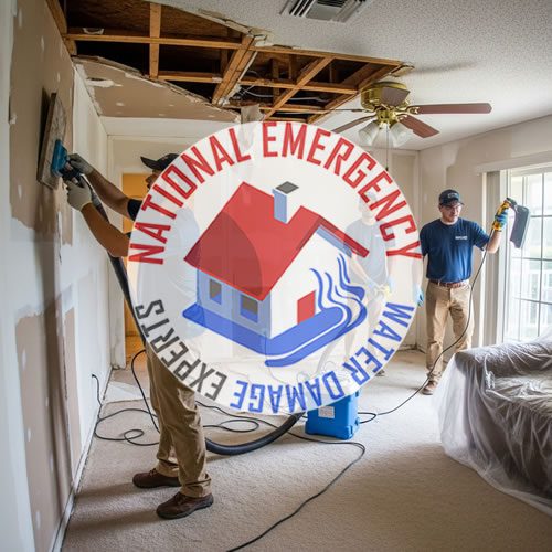 Water damage restoration in Tamarac, FL, featuring technicians using equipment to repair water-damaged drywall, with National Emergency Water Damage Experts logo prominently displayed.