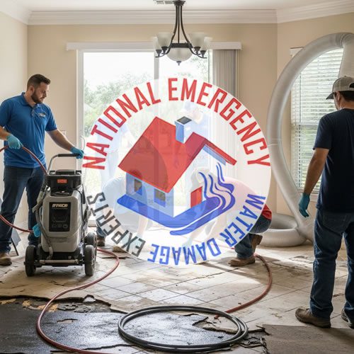 Water damage restoration team from National Emergency Water Damage Experts working in a home in The Hammocks, FL, using specialized equipment for water removal and cleanup.