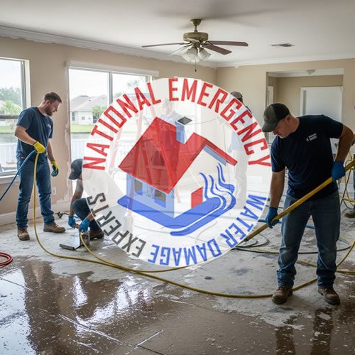 Water damage restoration team from National Emergency Water Damage Experts working in a flooded room in Three Lakes, FL, with equipment to remove water and prevent further damage.