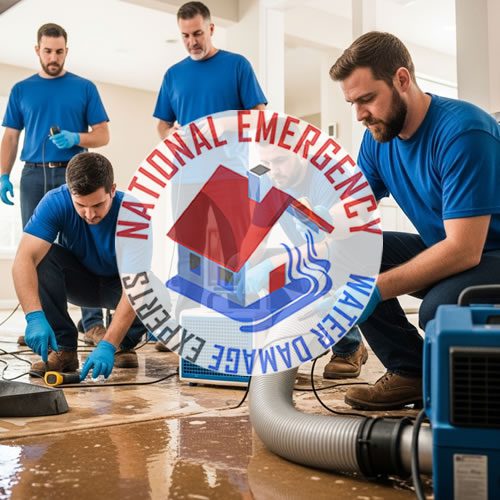 Team of water damage restoration professionals in blue uniforms using equipment to remove water from a flooded area, featuring National Emergency Water Damage Experts logo prominently.