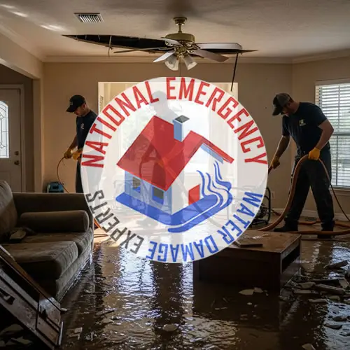 Water damage restoration professionals from National Emergency Water Damage Experts (NEWDES) working in a flooded living room in Wellington, Florida, with visible water on the floor and equipment for water removal.