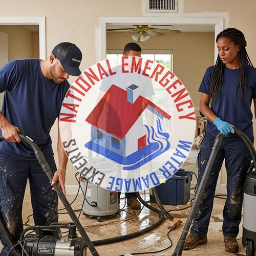 Emergency water damage restoration team from National Emergency Water Damage Experts (NEWDES) using vacuums in a flooded room in West Boca Raton.