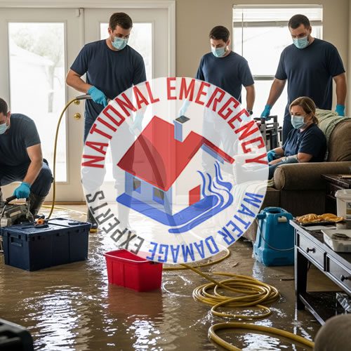 Water damage restoration team from National Emergency Water Damage Experts in West Little River, FL, using extraction equipment in flooded residential space.