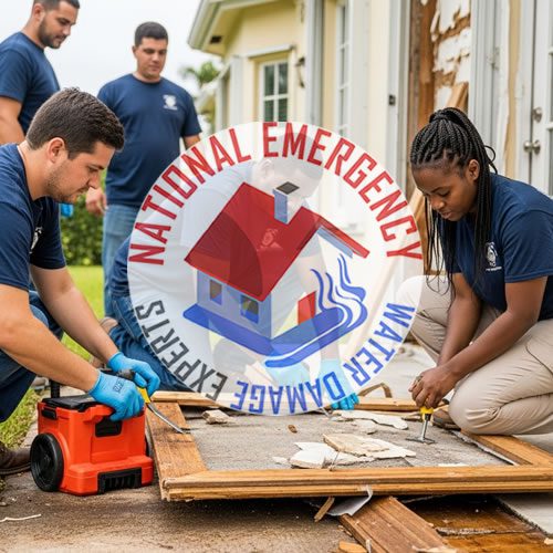 National Emergency Water Damage Experts team members performing water damage restoration in West Miami, with logo overlay, showcasing professional service and expertise in water removal and cleanup.