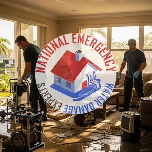 Technicians from National Emergency Water Damage Experts performing water removal and cleanup in a flooded West Palm Beach home, featuring water extraction equipment and visible water damage in the living area.