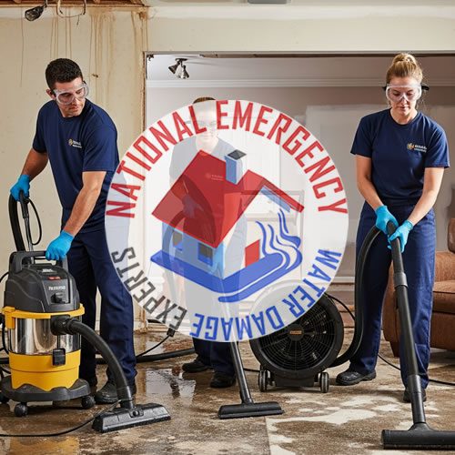 Water damage restoration team from National Emergency Water Damage Experts using equipment to remove water and clean a flooded area in West Park, Florida.