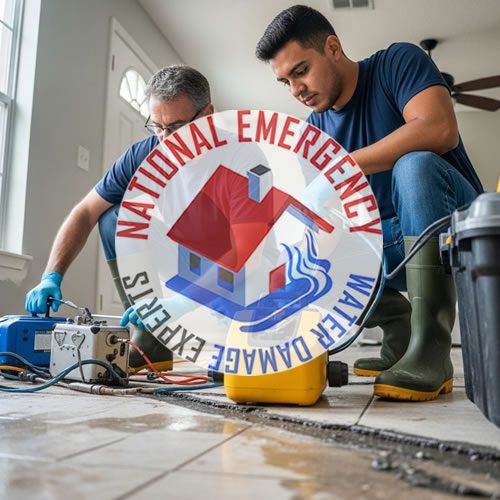 Water damage restoration technicians assessing and working on water removal in a home, featuring the National Emergency Water Damage Experts logo prominently.