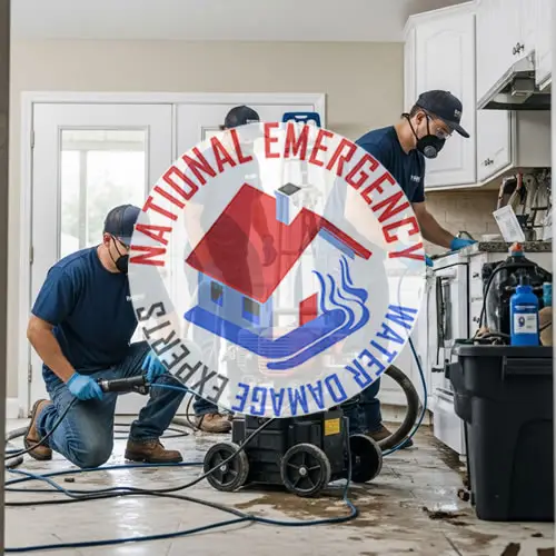 Water damage restoration professionals from National Emergency Water Damage Experts (NEWDES) in Westlake, FL, using specialized equipment to remove water and mitigate damage in a residential kitchen.