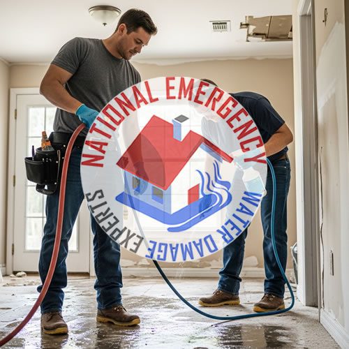 Water damage restoration technician using hoses in flooded Westwood Lakes home, featuring National Emergency Water Damage Experts logo, emphasizing urgent response services.