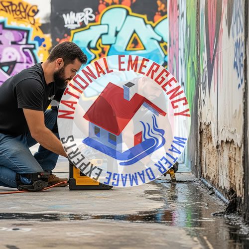 Water damage restoration professional using equipment to remove water in Wynwood, with National Emergency Water Damage Experts logo prominently displayed.
