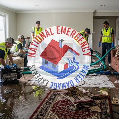 Team of professionals from National Emergency Water Damage Experts performing emergency water extraction in a flooded living room, showcasing equipment and restoration efforts.