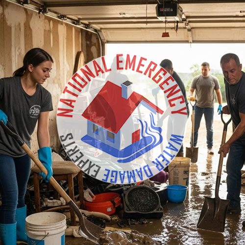 Flood cleanup team from NEWDES using shovels and buckets to remove water and debris from a flooded garage, featuring the company's logo prominently in the center.