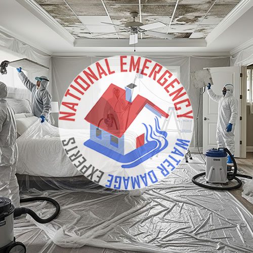 Mold remediation professionals in protective gear using specialized equipment in a residential setting, emphasizing the importance of addressing mold growth and water damage.