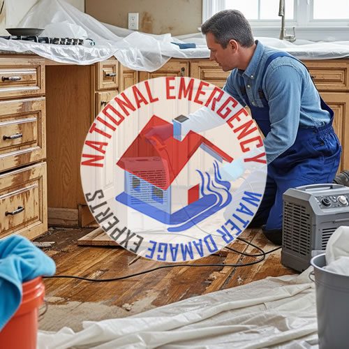 Water damage repair technician assessing damage in a kitchen, featuring industrial drying equipment and a branded logo for National Emergency Water Damage Experts.