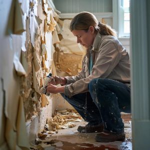 Homeowner inspecting water damage with a moisture meter in a damaged room
