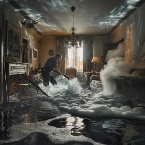 Emergency restoration team working on fire and water damage in a home