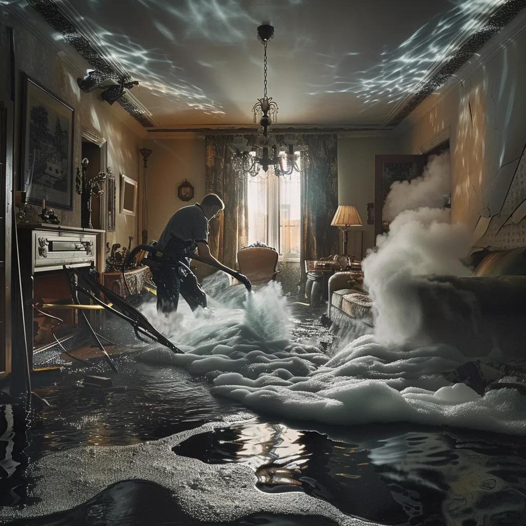 Emergency restoration team working on fire and water damage in a home