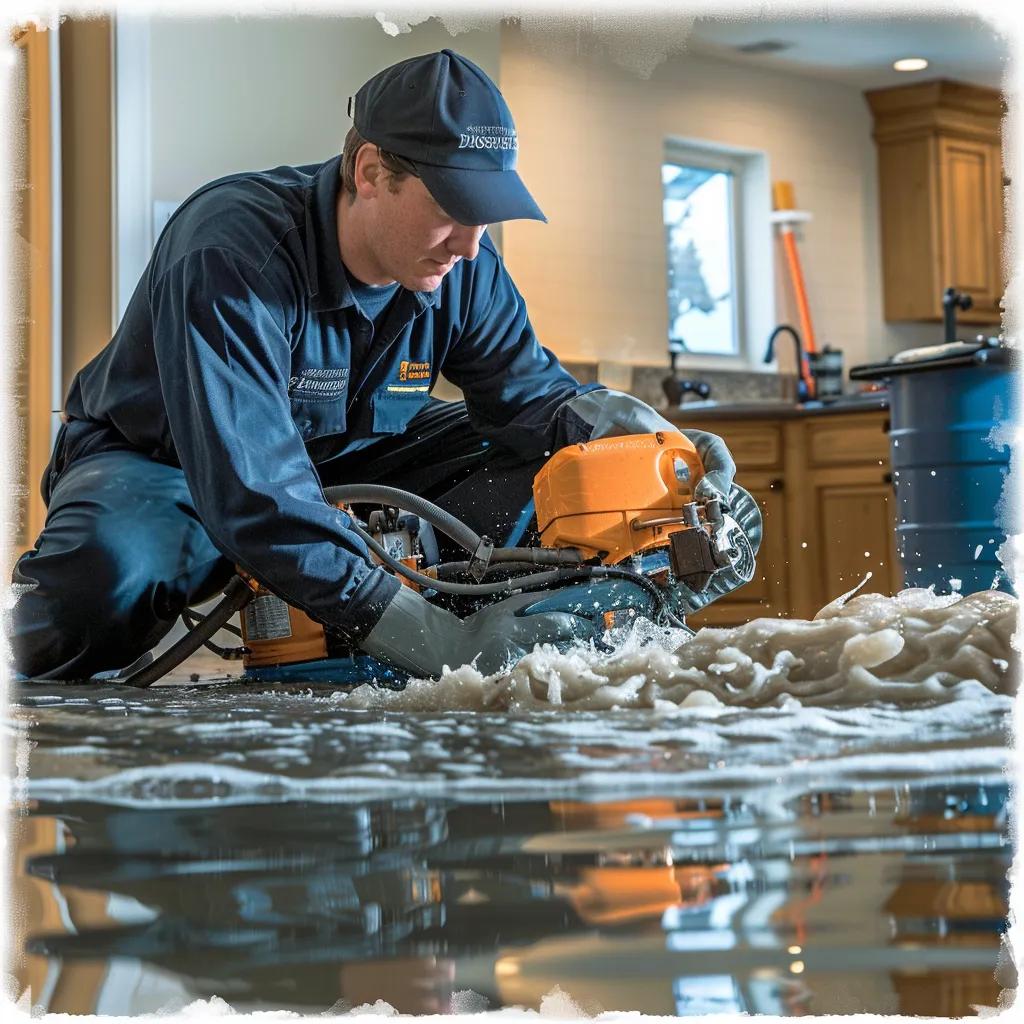 Technician performing water extraction during the water damage restoration process