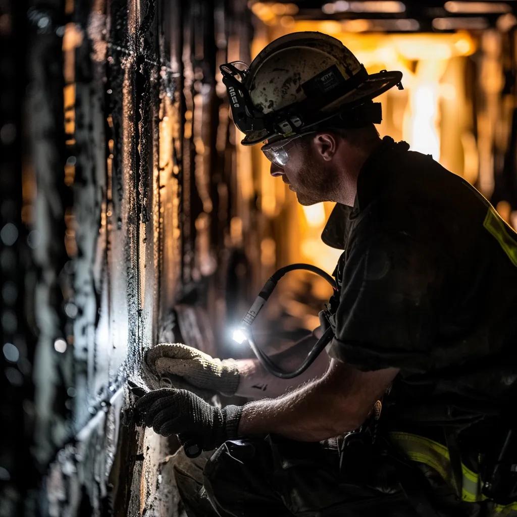 Technician assessing fire damage with soot analysis tools in a damaged room