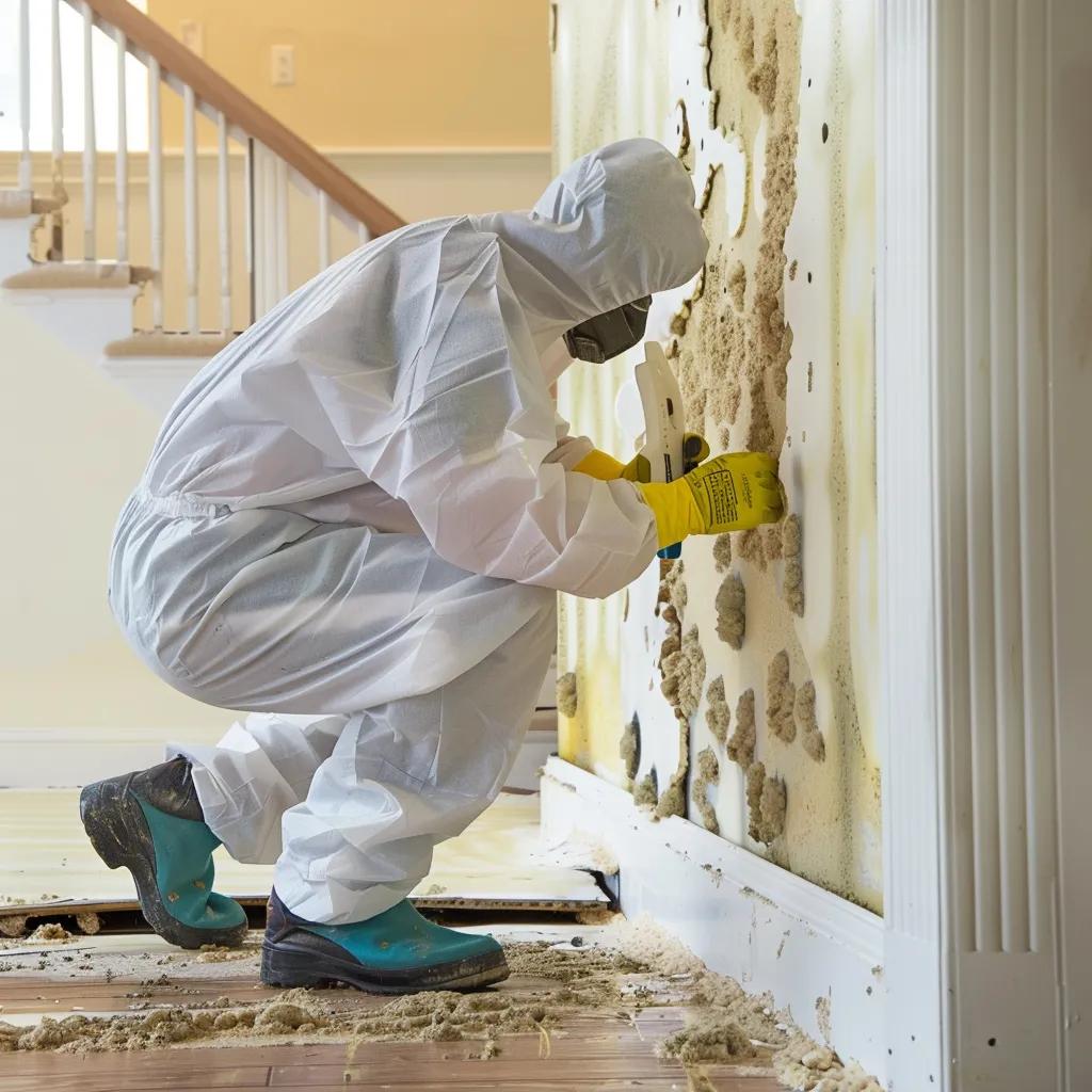 Mold remediation professional applying antimicrobial treatments in a water-damaged home