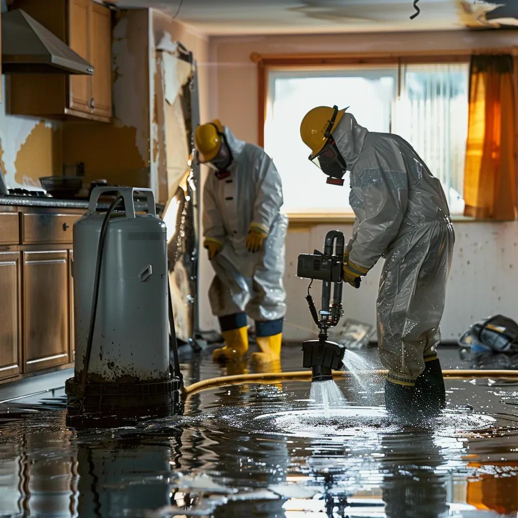 Technicians using industrial pumps for water removal in a fire-damaged home