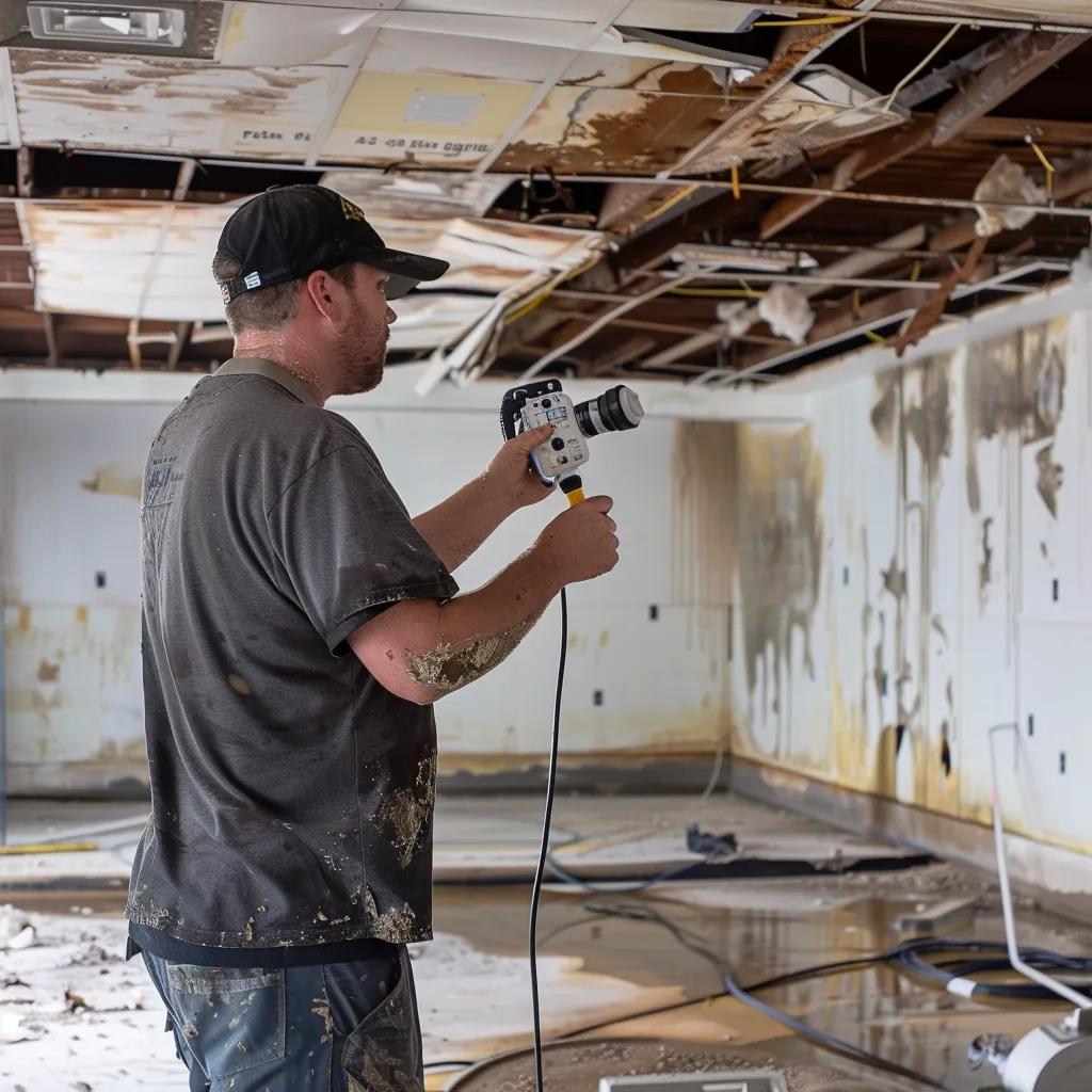 Contractor conducting a moisture assessment in a storm-damaged commercial property