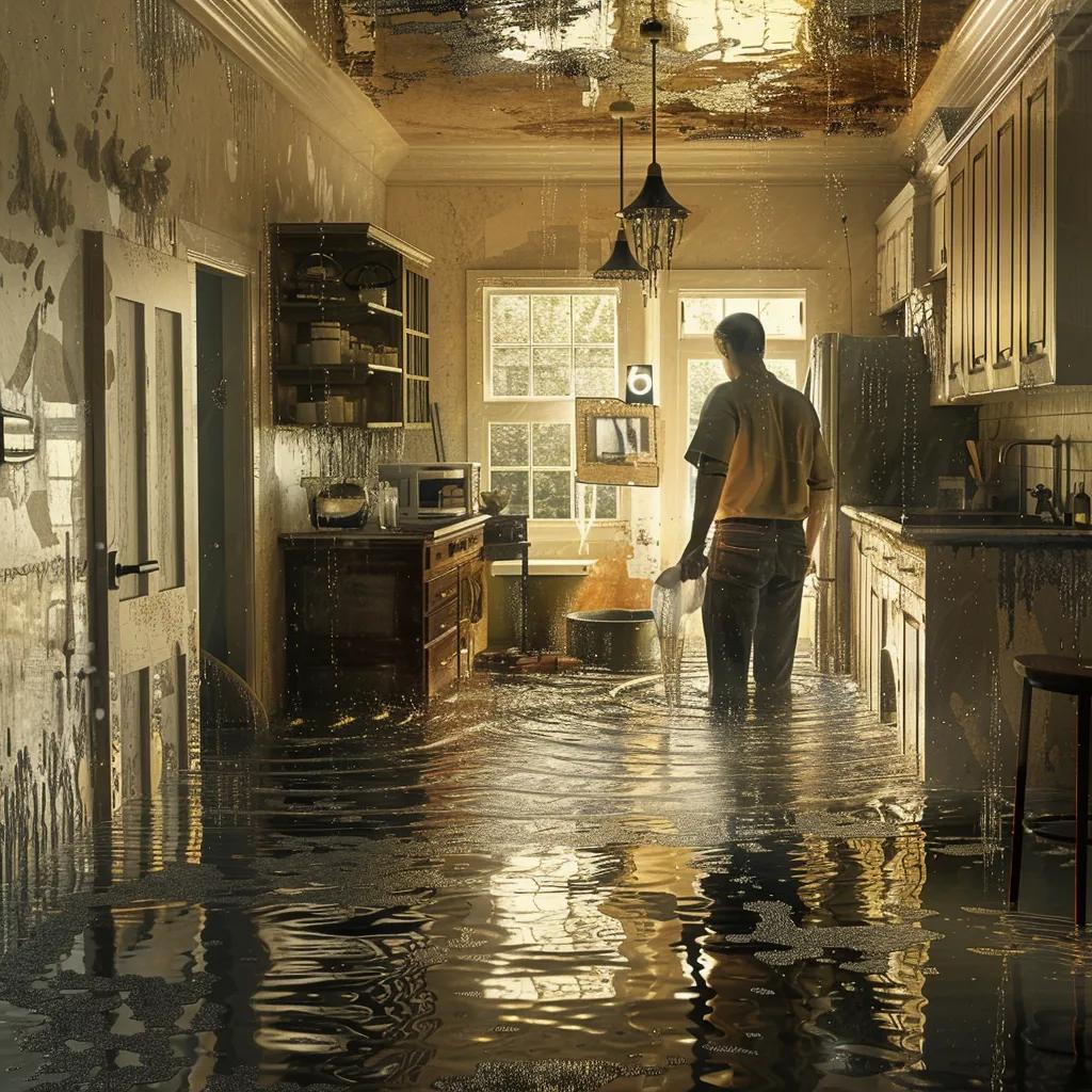 Homeowner assessing water damage in a home, highlighting the urgency of emergency repairs