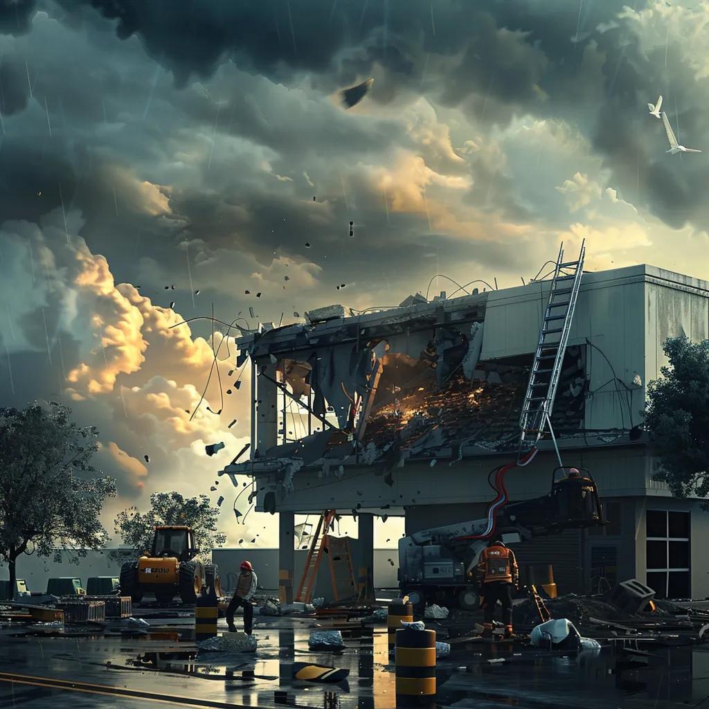 Commercial storm damage assessment with restoration professionals at work