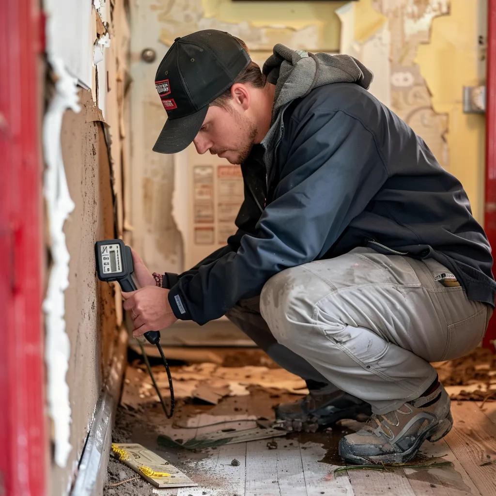 Professional assessing water damage with moisture meter in home
