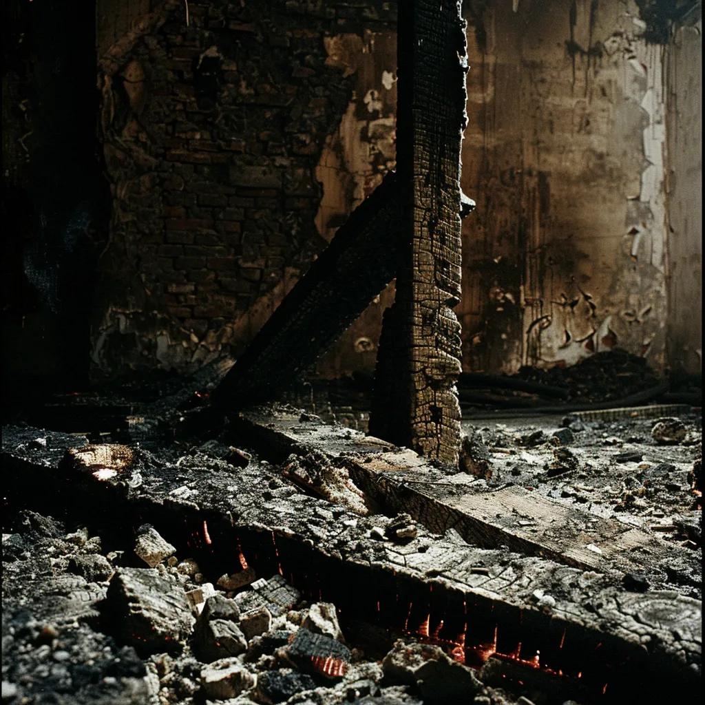 Charred load-bearing beams and cracked masonry in a fire-damaged room, highlighting the need for urgent repairs