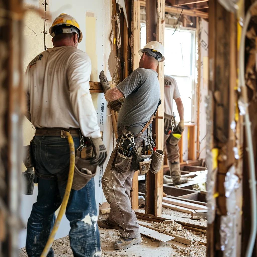 Construction team performing structural repairs in a fire-damaged house