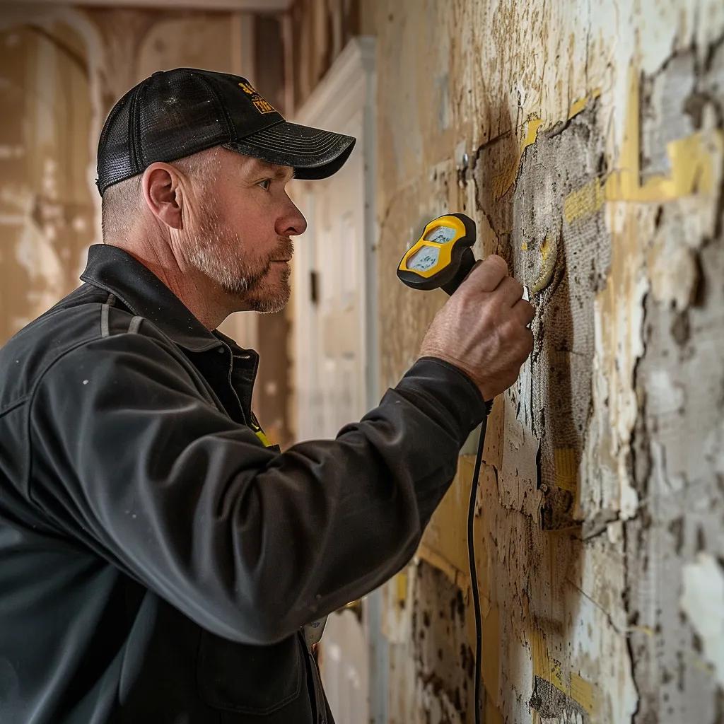 Professional inspecting a home for water damage with advanced tools