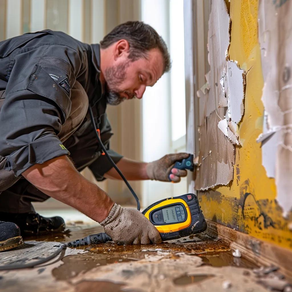 Professional conducting a water damage assessment with advanced tools