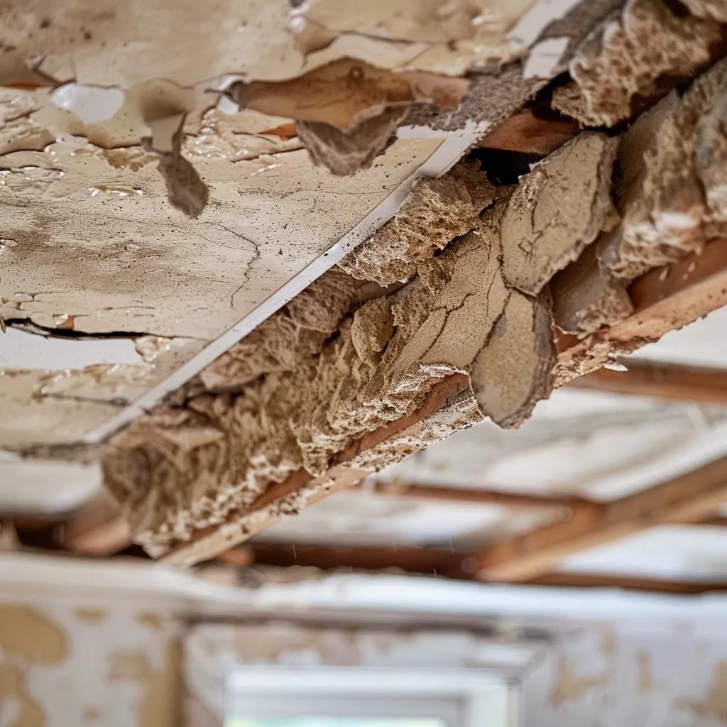 Close-up of bulging drywall and sagging ceiling panels indicating urgent water damage